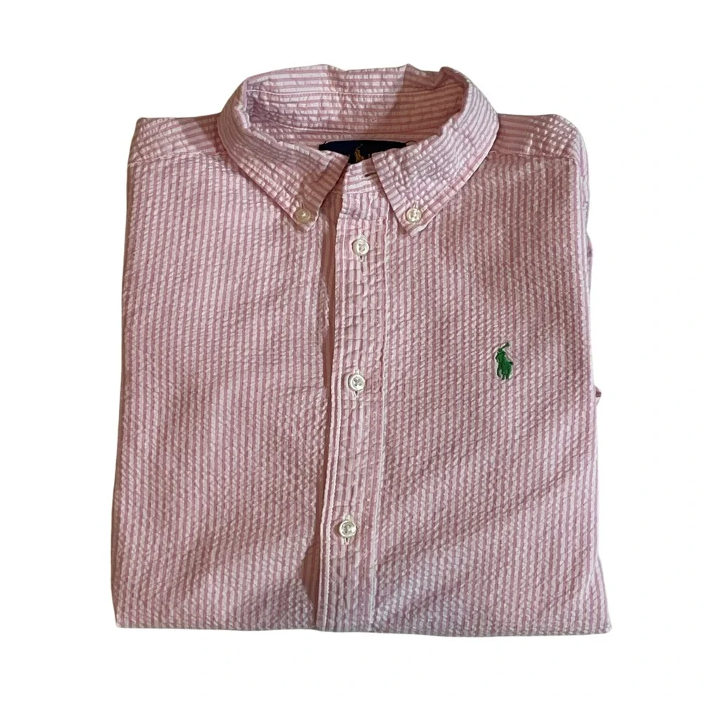 Ralph Lauren Boys Pink White Seersucker Striped Button Down Shirt Size 6 Preppy
